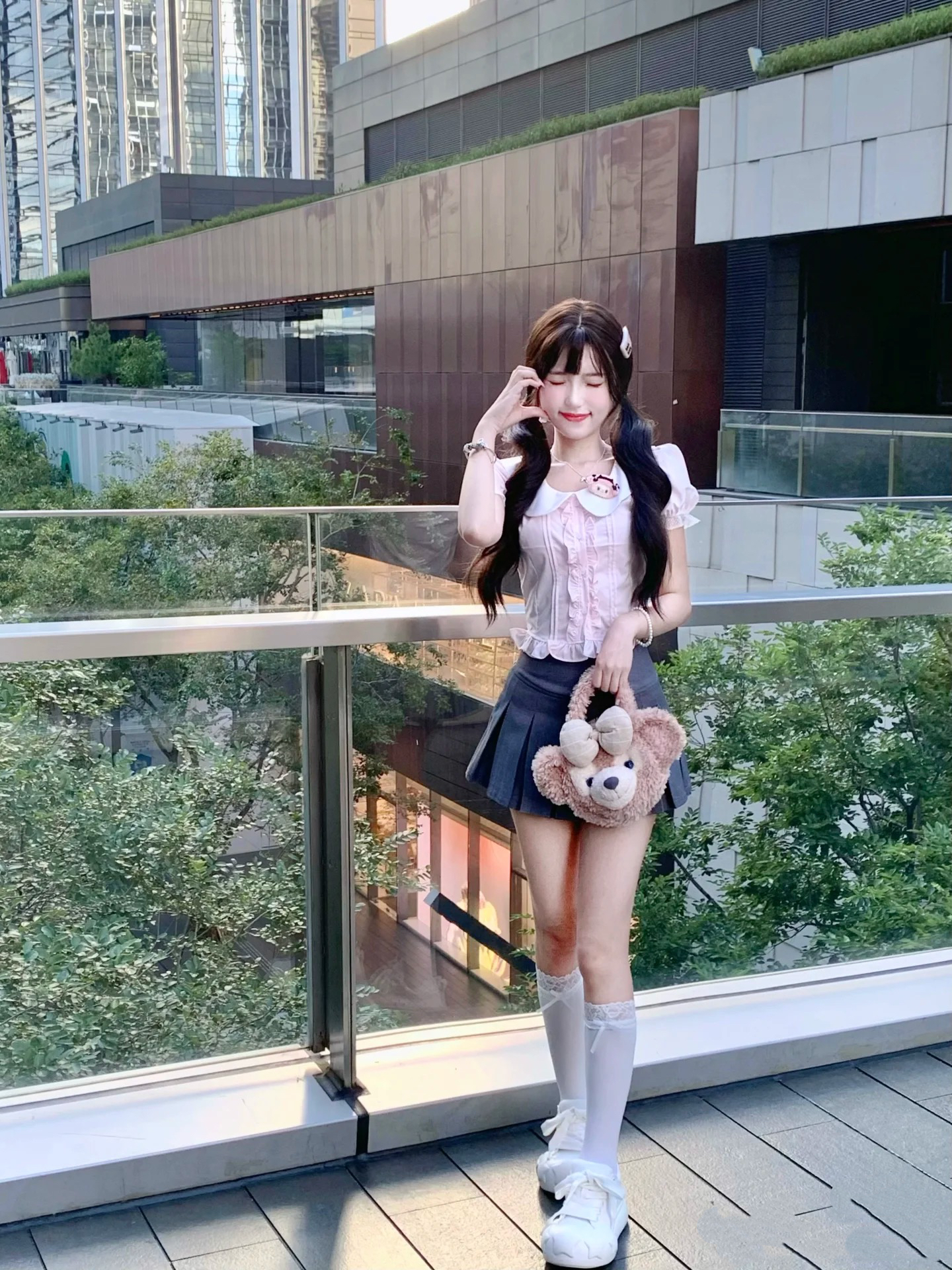 夏季新款时尚减龄气质娃娃领学院风衬衣泡泡袖短袖百褶裙两件套