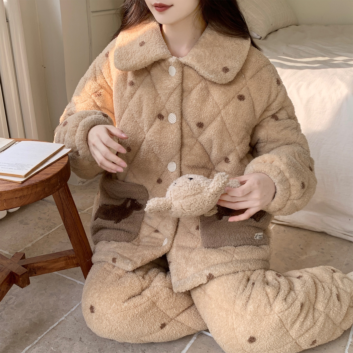 加绒加厚三层夹棉珊瑚绒半边绒冬睡衣女款爆款2025新款套装家居服