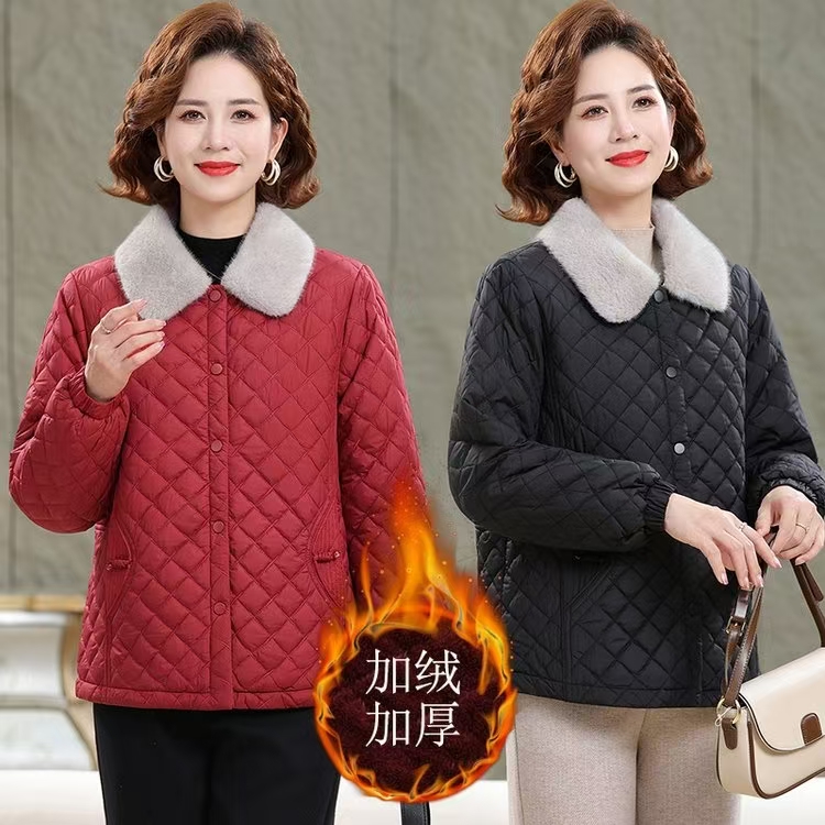 妈妈秋冬款加绒加棉棉袄外套保暖时尚棉服冬季新款加厚翻领棉衣