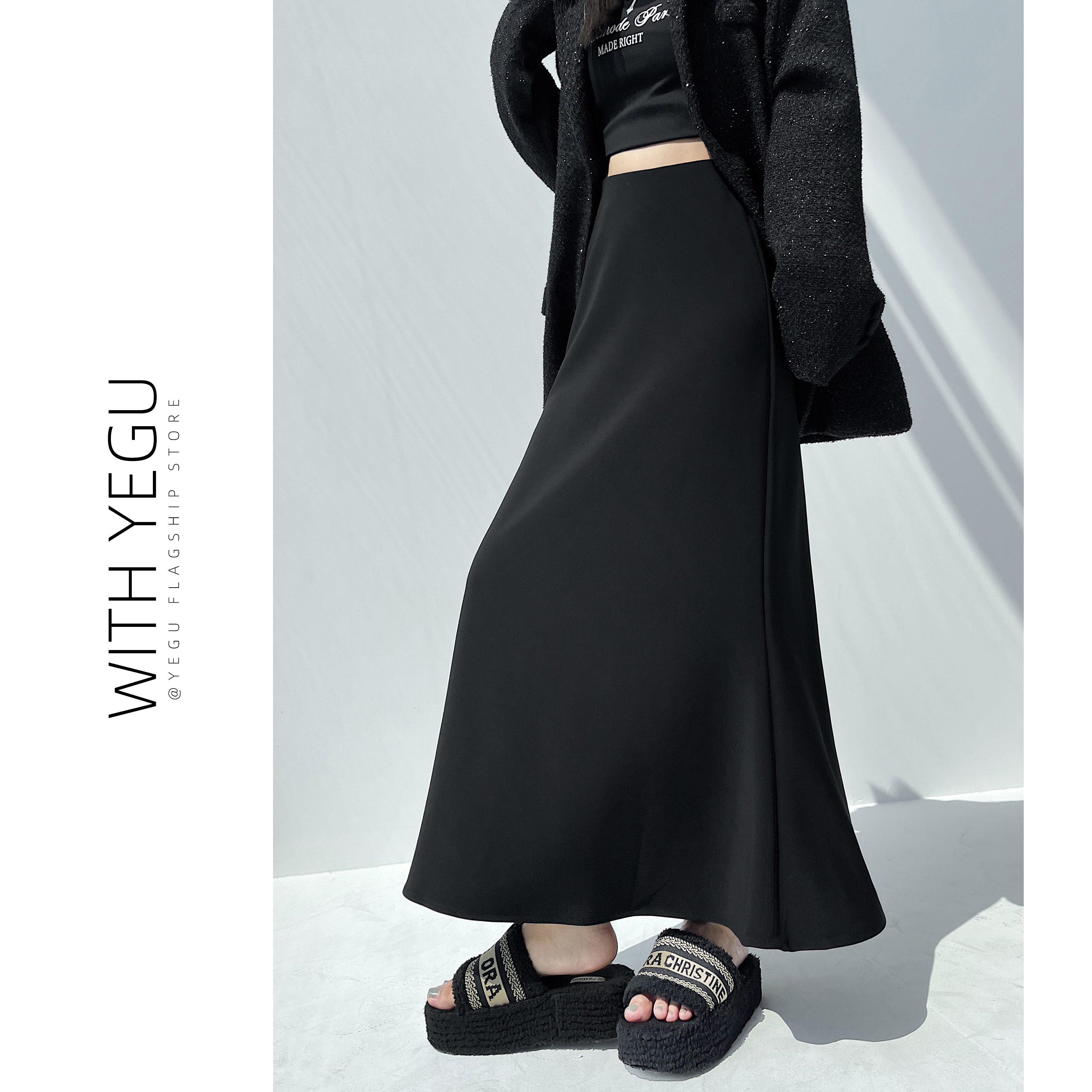 高级感黑色西装鱼尾裙子女春秋季高腰a字中长裙小个子包臀半身裙