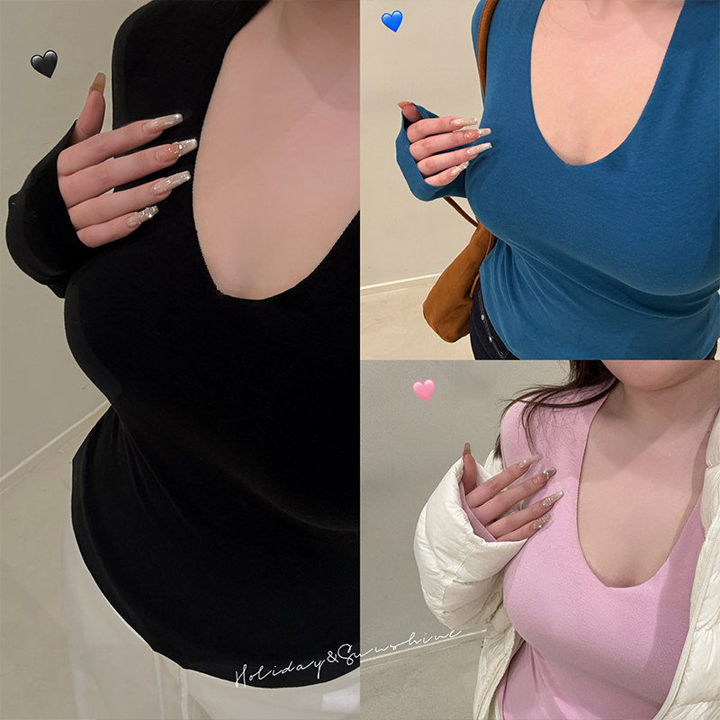 DMcc【打底卷王】简约百搭V领修身长袖打底微胖mm显瘦T恤