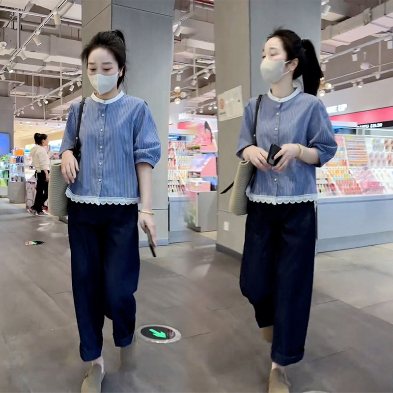 高级感洋气百搭短款条纹衬衫女夏季爆款遮肉宽松上衣休闲裤两件套