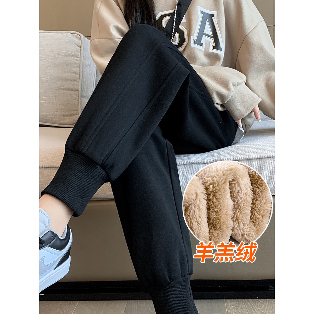 加厚运动裤女秋冬束脚小个子九分休闲裤冬季加绒裤子羊羔绒卫裤棉