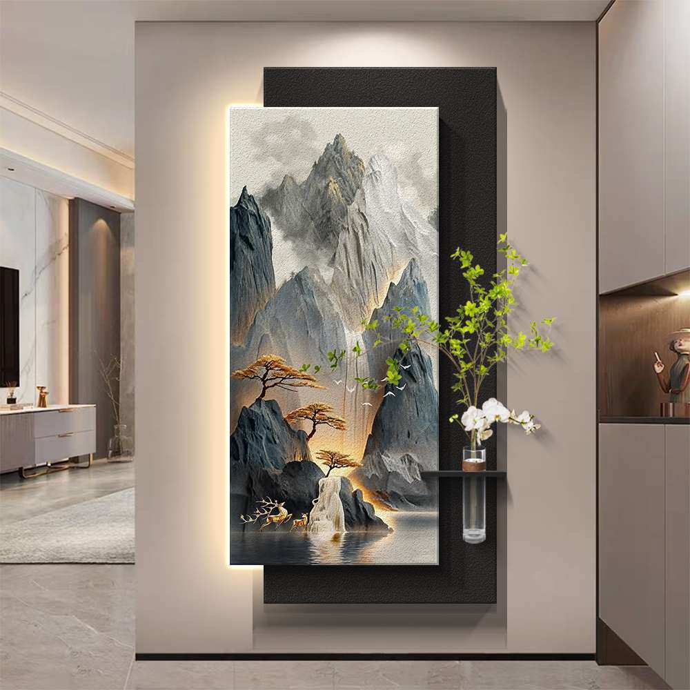 流水生财入户正对门玄关装饰画西墙山水挂画水培绿植走廊过道壁画