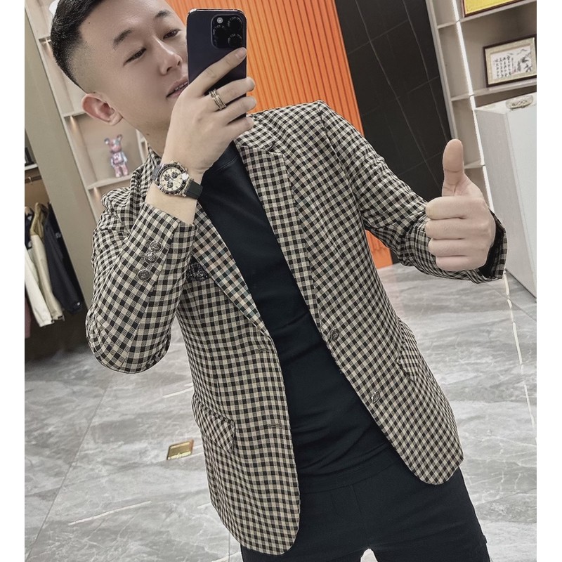 2025春秋新款千鸟格西服外套男欧货高端韩版修身显瘦夹克男士百搭