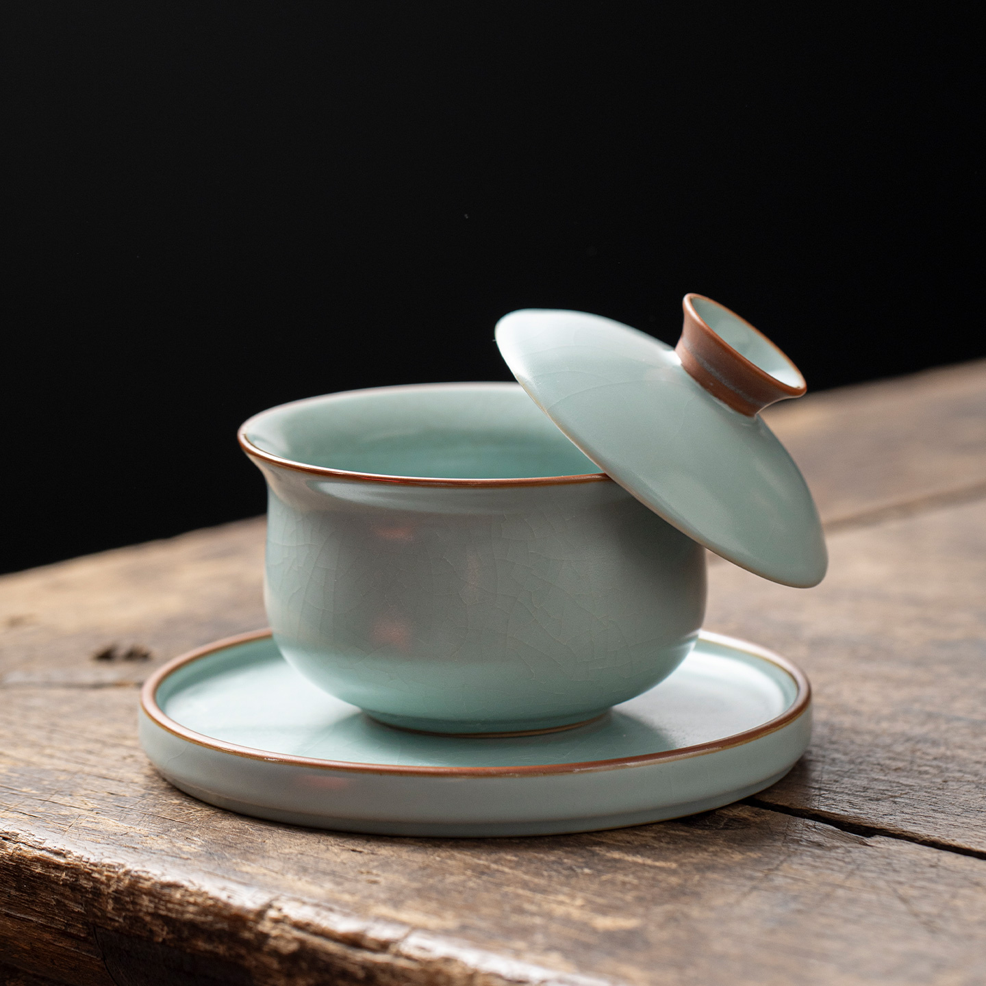 汝窑天青三才盖碗茶杯可悬停旋转单个高档布袋泡茶碗家用功夫茶具