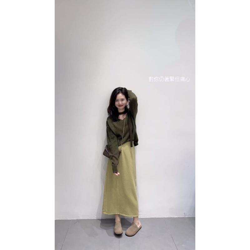 2026秋季新款韩系气质通勤绿色飘带针织衫高腰显瘦半身裙两件套