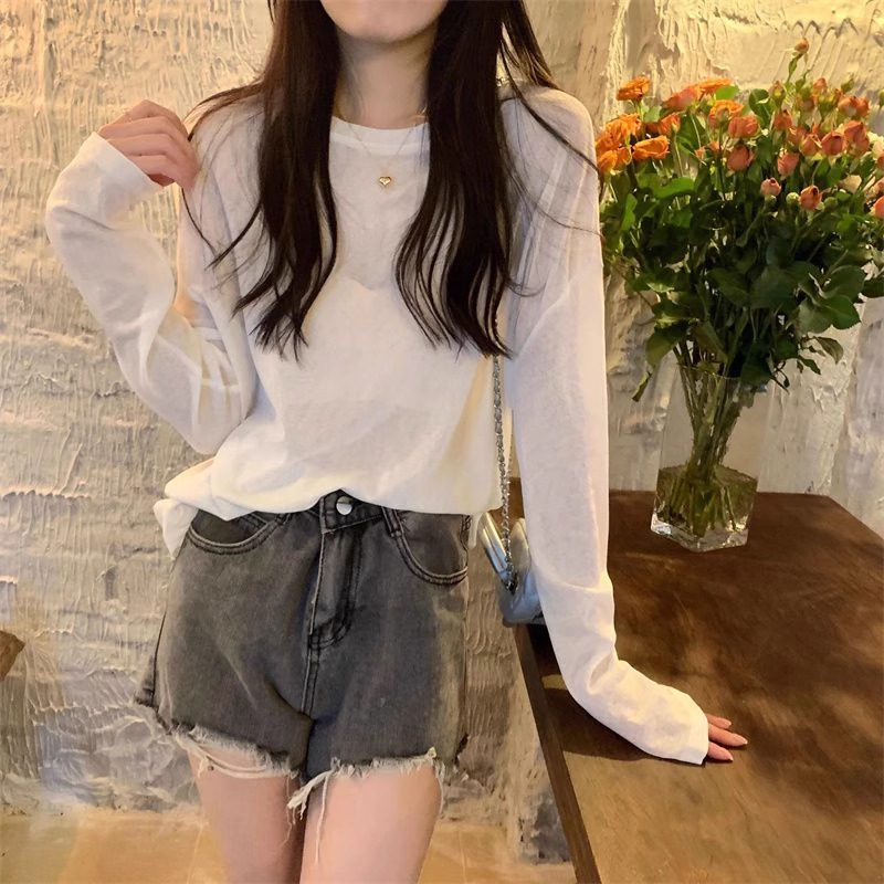 白色长袖防晒罩衫T恤女夏季薄款韩版宽松外穿简约微透空调上衣服