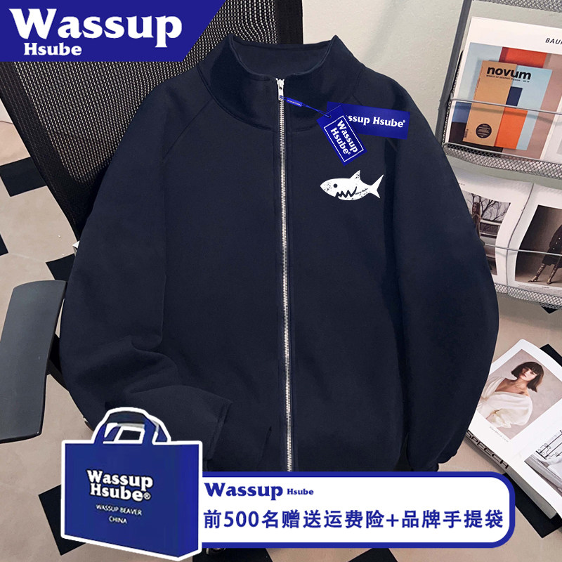 WASSUP HSUBE美式男款卫衣藏青色鲨鱼印花外套秋冬季立领拉链开衫