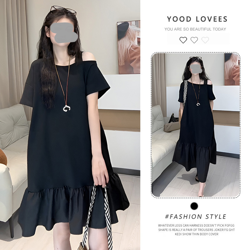 休闲宽松黑色T恤连衣裙女夏2026新款慵懒减龄独特漂亮露肩小黑裙