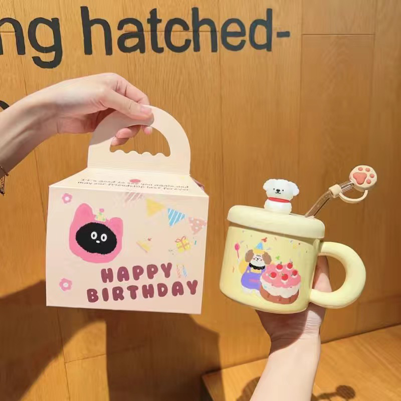 可爱奶fufu生日蛋糕高颜值马克杯带盖陶瓷杯送女生日礼物家用水杯