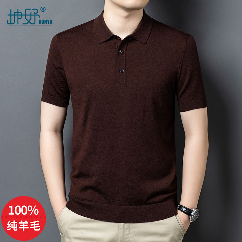 坤妤男士羊毛衫2025秋冬新款可机洗精纺纯羊毛翻领短袖高品质男装