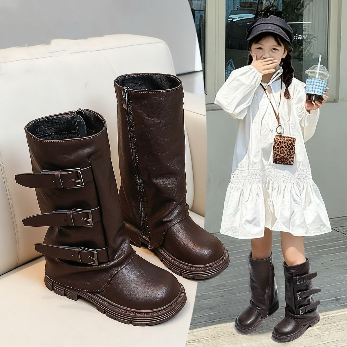 女童时尚百搭褶皱管靴长筒靴堆堆靴骑士靴骑士秋冬棕色时装靴走秀