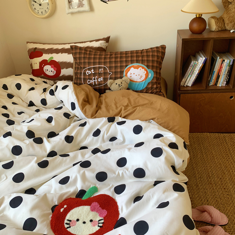 韩系少女ins可爱波点猫猫水洗棉毛巾绣四件套学生宿舍床单三件套