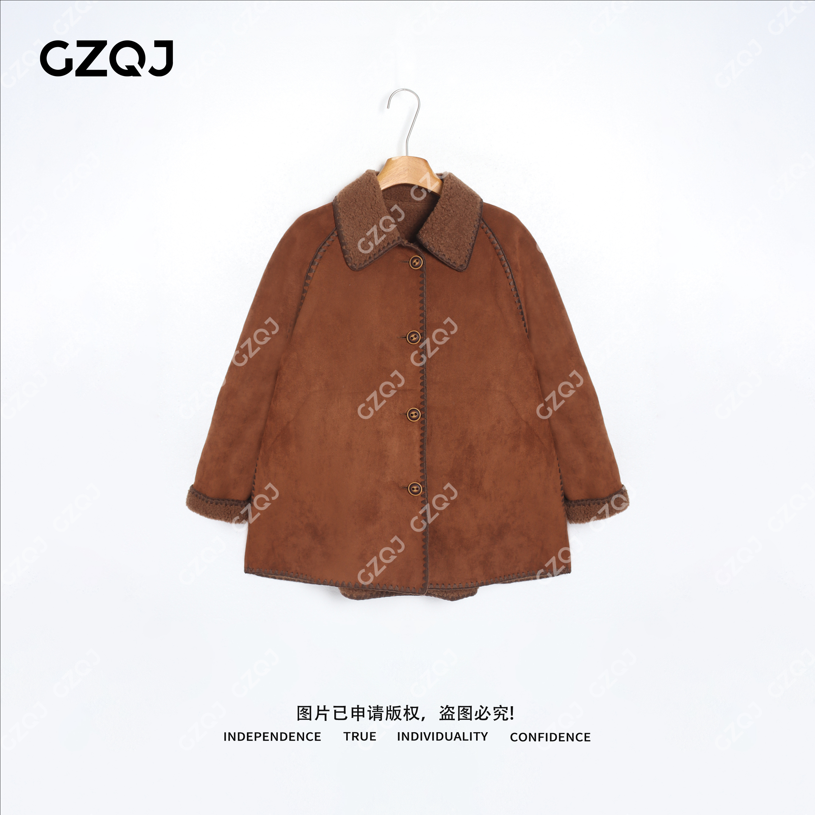 老琴私服【旧时光絮】100绵羊毛拼接麂皮绒翻领外套女冬季新款 2004