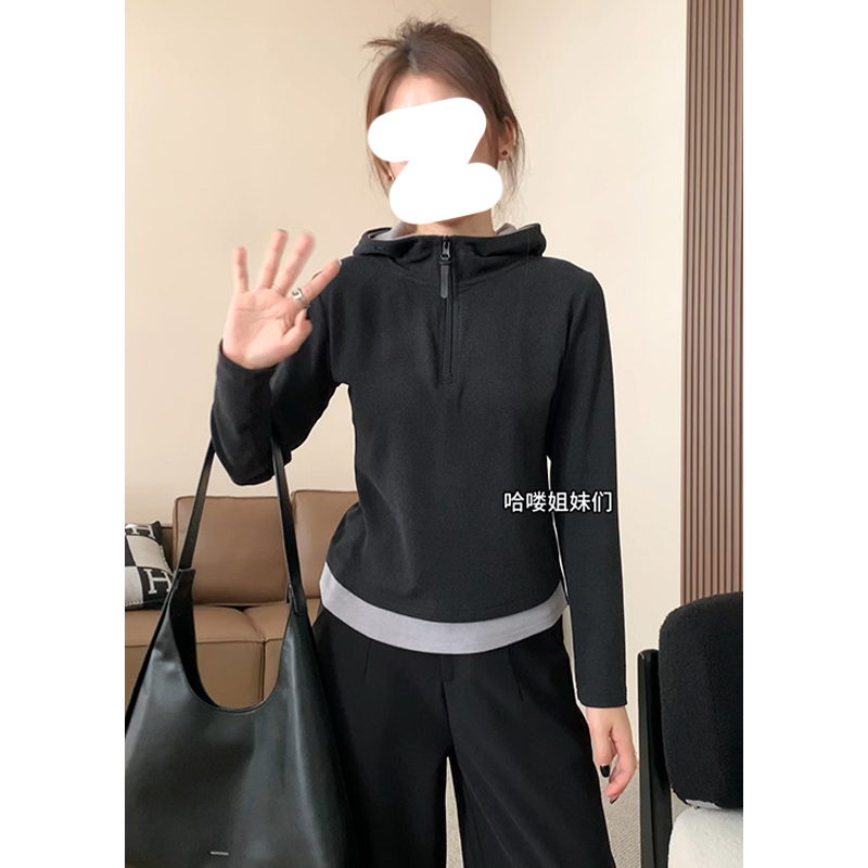 大码200斤气质正肩半拉链连帽假两件卫衣女秋冬加厚磨毛显瘦上衣