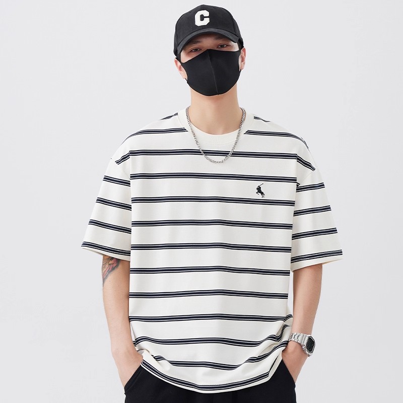 Moleubak 条纹短袖t恤男夏季2025新款潮流刺绣宽松圆领体恤薄款