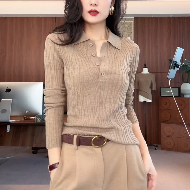 2025秋季新款韩版时尚气质慵懒风花纹polo针织衫女设计感简约上衣