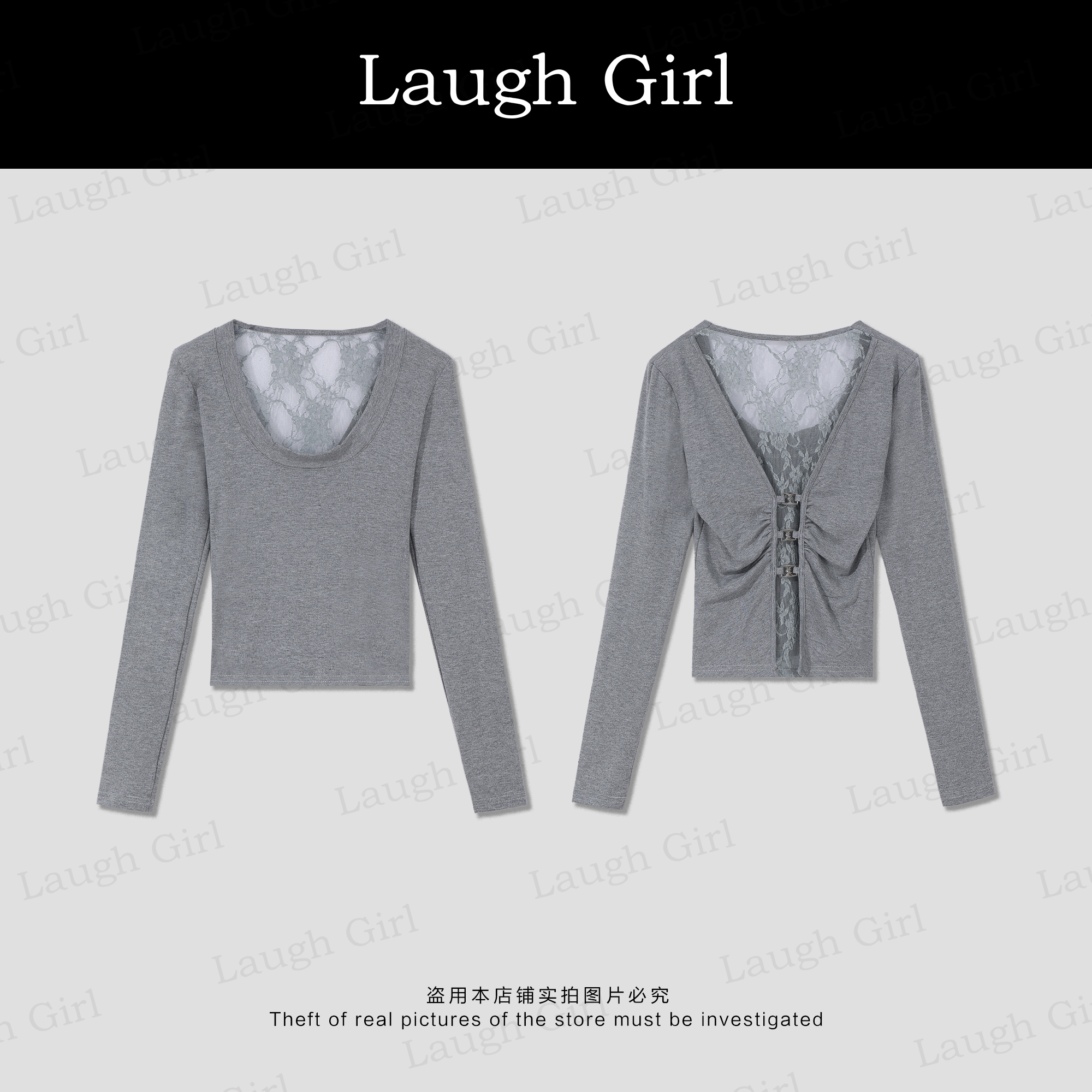 楚楚君 Laugh girl【蕾丝轻语】设计款后镂空蕾丝长袖T恤TL531025J