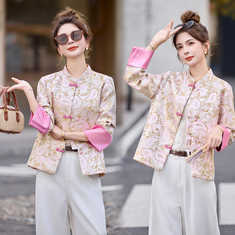 新中式国风提花外套女2025年春秋新款高级感气质复古盘扣短款上衣