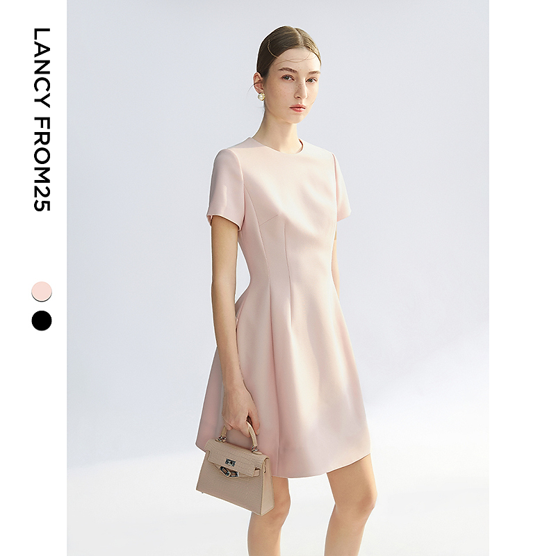 朗姿2025年夏季新款纯色气质收腰短袖女裙子遮肚子富贵千金感裙子
