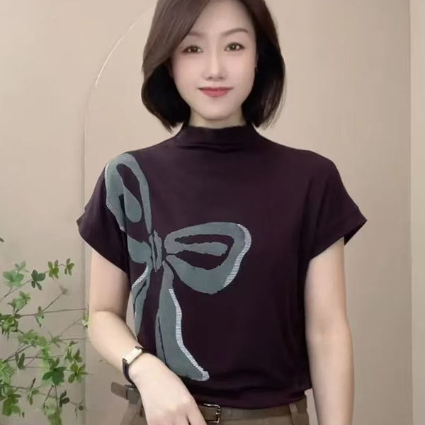夏季蝴蝶结气质休闲T恤半高领蝴蝶针织显瘦女士印花洋气短袖女112