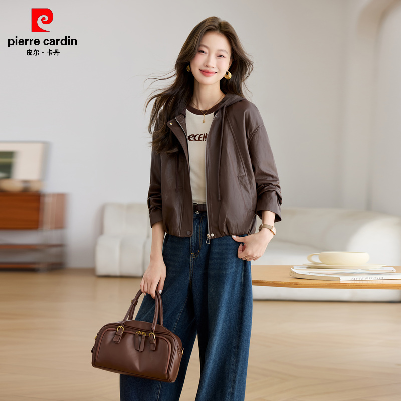 皮尔卡丹时尚短款皮衣女2025秋季新款高级感休闲复古连帽爆款PU皮