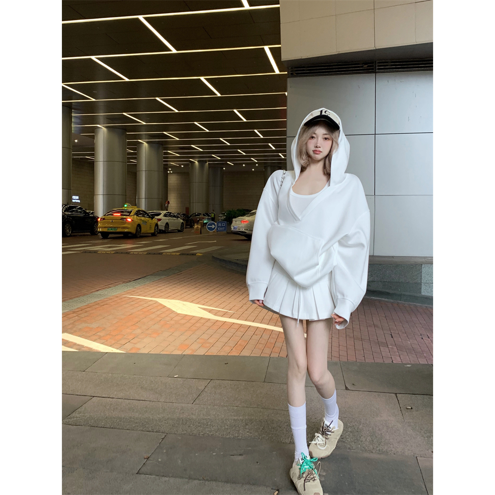 韩系小个子运动简约宽松套头长袖连帽卫衣女秋季百褶裙短裙两件套