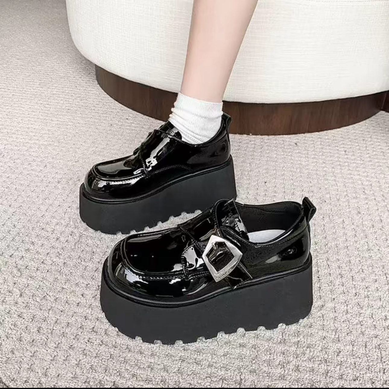 2025新款松糕厚底七分乐福鞋休闲复古皮鞋9152英伦风黑色百搭圆头