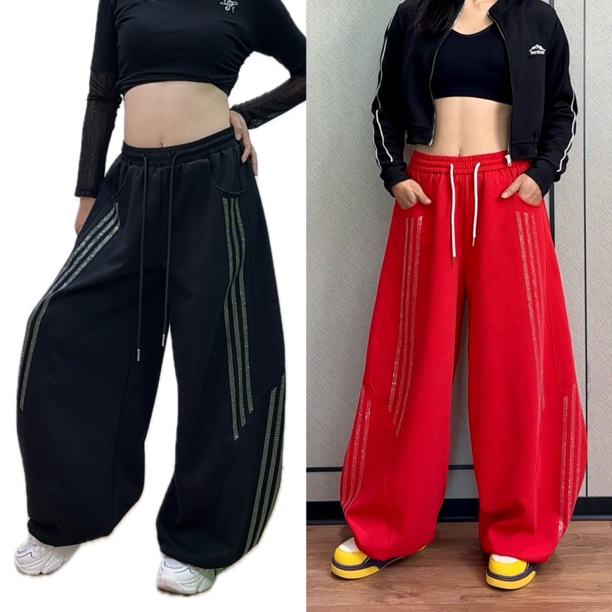 Z8388爆款宽松亮闪钻石三道杠阔腿裤松紧腰运动百搭跳舞裤子长裤