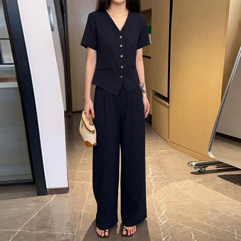 2025夏季新款单排扣V领上衣显瘦百搭休闲阔腿裤女士气质时尚套装
