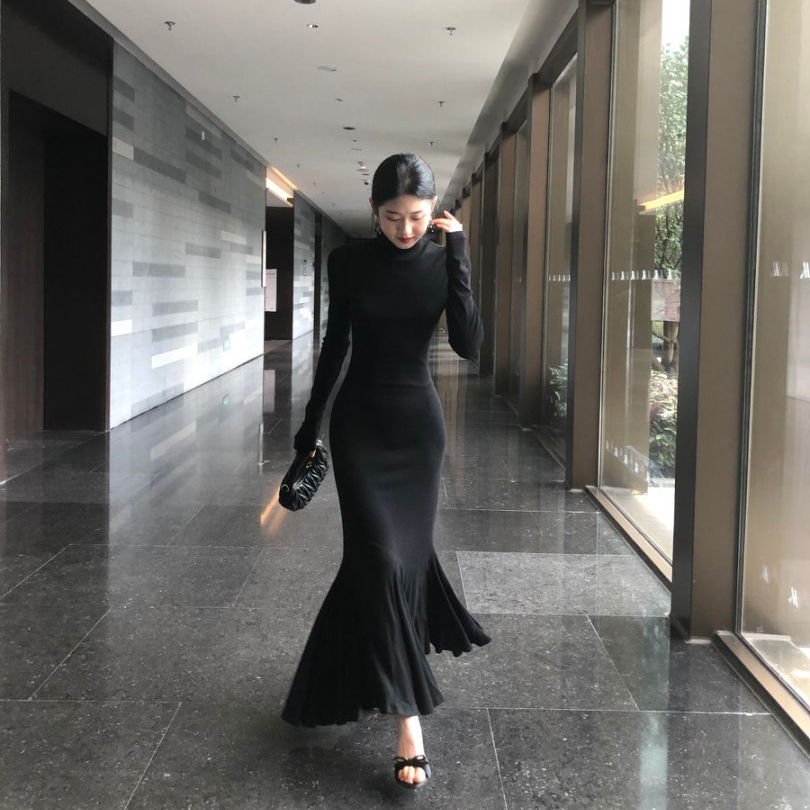 高领步步生莲长袖鱼尾连衣裙秋季性感显瘦气质修身名媛包臀长裙子