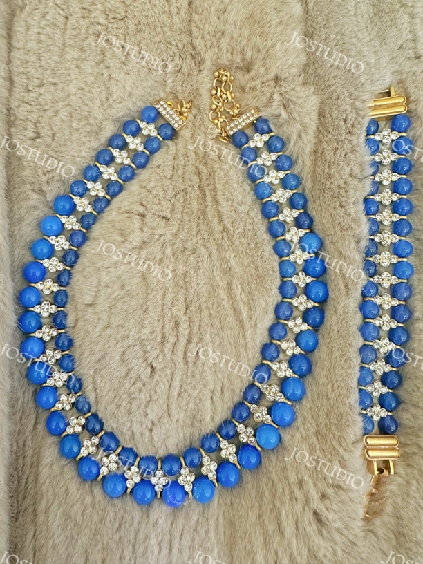 铜合金石英石项链 中古风外单高订蓝色石头双层项链套链