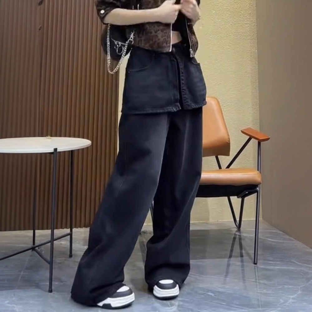 黑灰色假两件阔腿牛仔裤女春季新款梨形身材胖mm遮肉大码直筒裤子