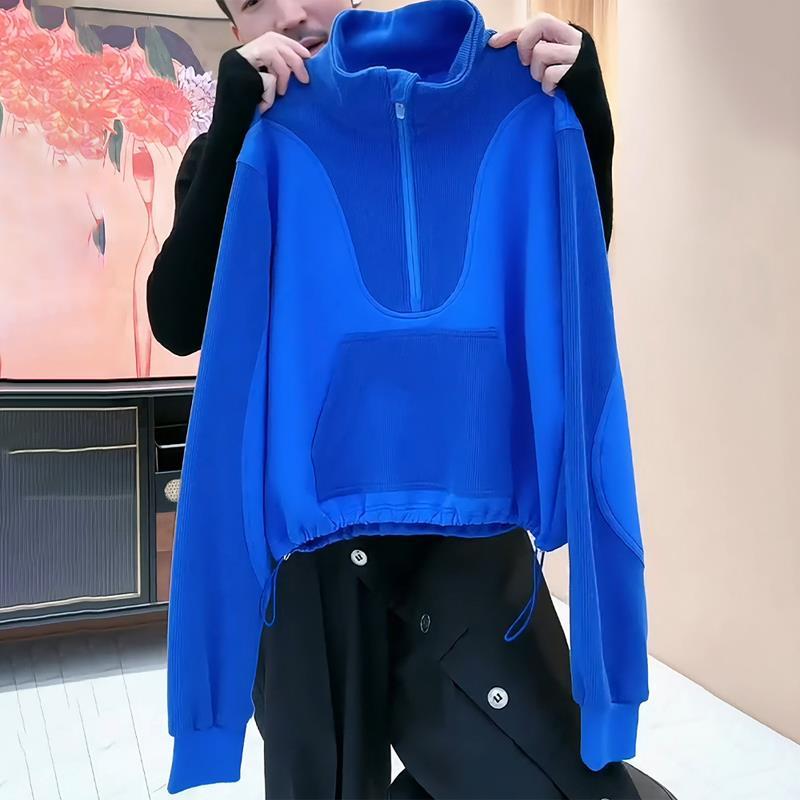 2025春秋季新款女士蓝色宽松洋气独特卫衣时尚高级感撞色立领上衣
