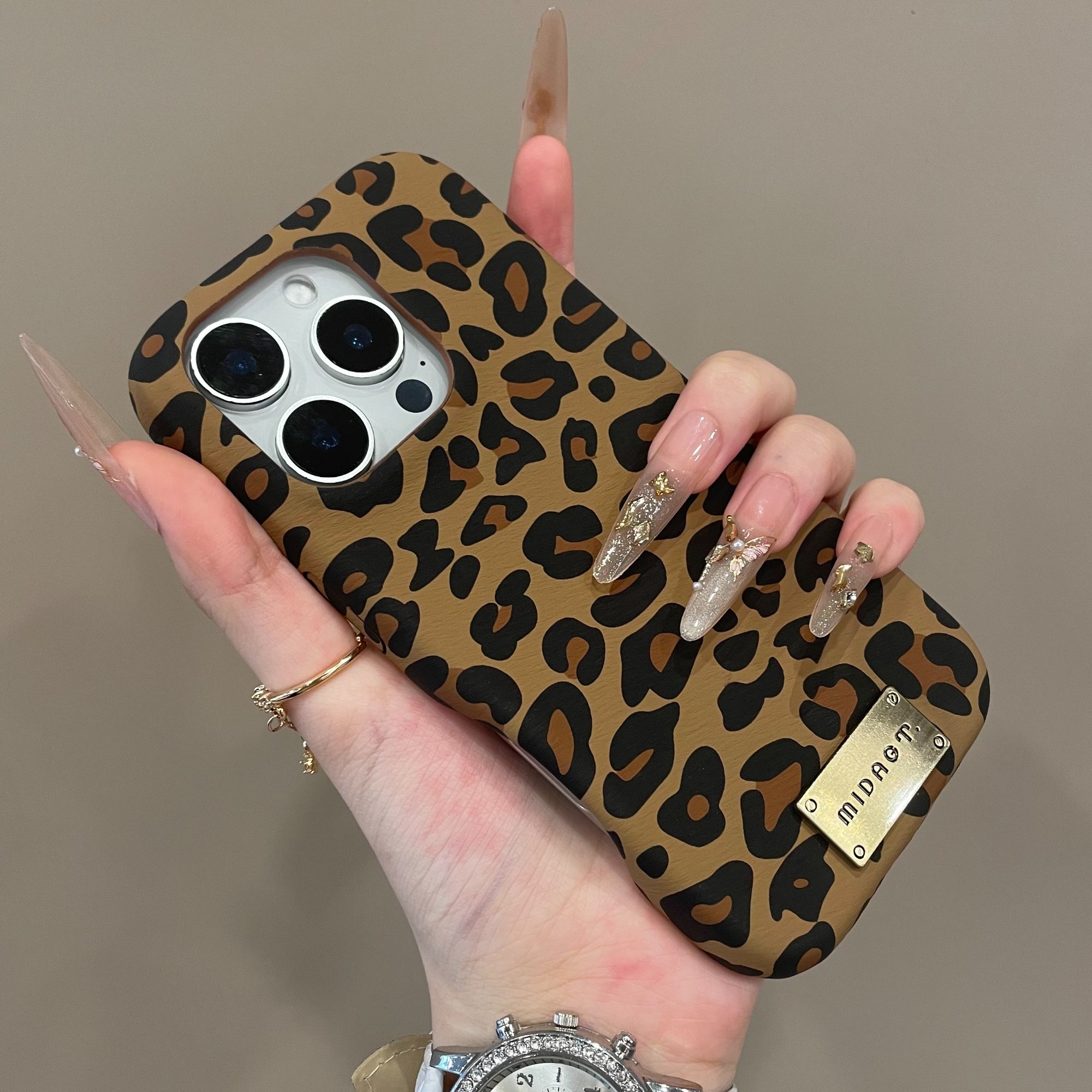 韩系高级棕豹纹KT猫支架适用iPhone16手机壳15pm时尚14秋冬13pro