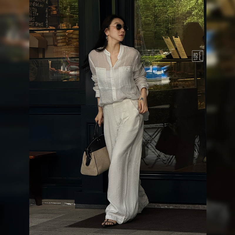 LiHuiEr李慧儿【流萤】2025高级气质小众夏季女白色亚麻阔腿裤HE326