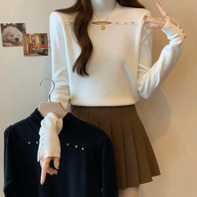 6251大码女装圆领秋冬新款打底衫时尚镂空设计感针织衫长袖上衣