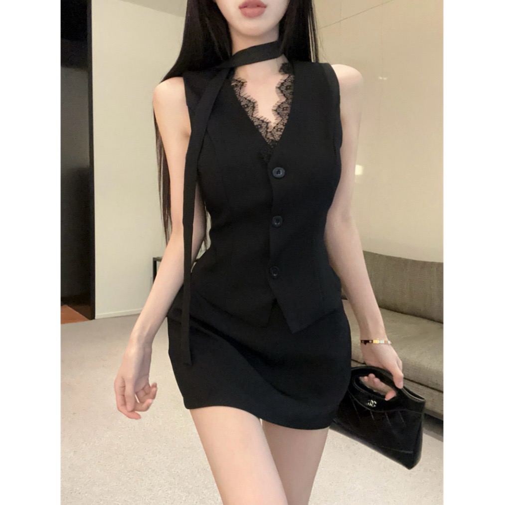 小香风名媛气质夏季新款蕾丝马甲飘带无袖V领上衣+A字短裙两件套