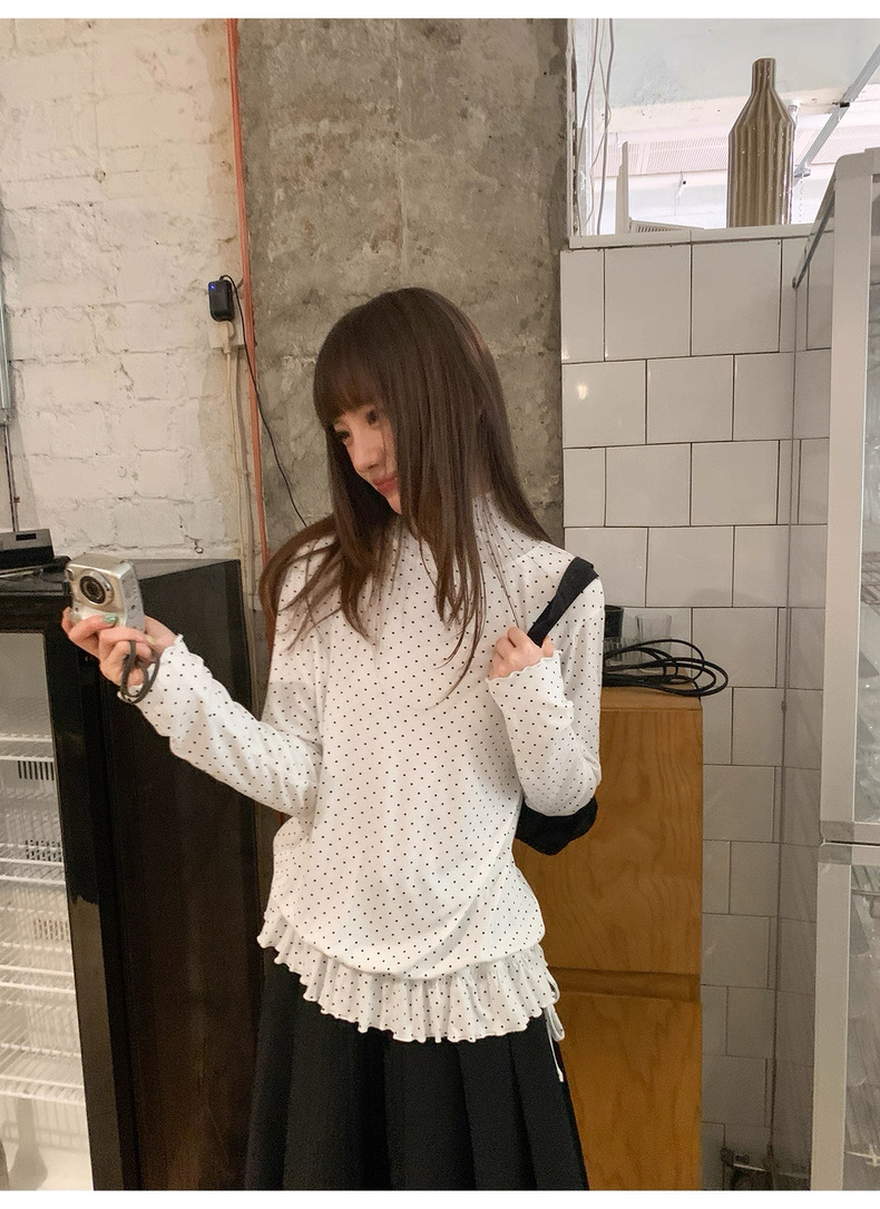 小设计感半高领波点长袖打底衫女秋季新款荷叶边小衫长袖T恤上衣
