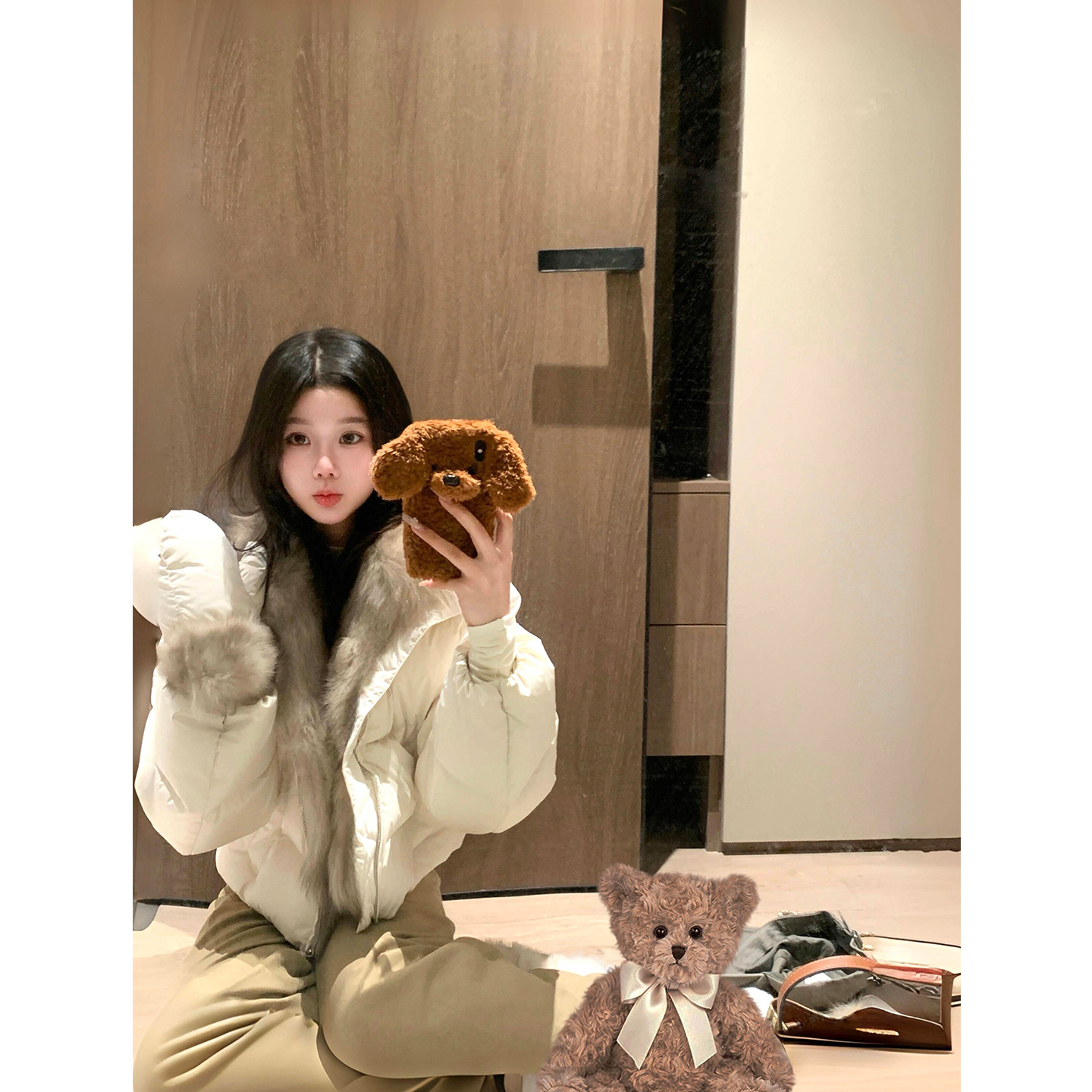 设计感雪霜白毛毛领拼接短款拉链棉衣外套女冬季宽松百搭保暖棉服