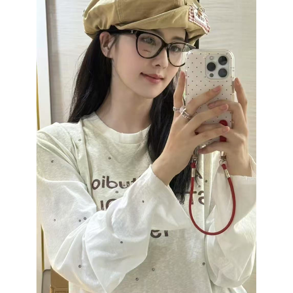 白鹿明星同款烫钻字母印花长袖T恤宽松防晒罩衫早秋百搭上衣女