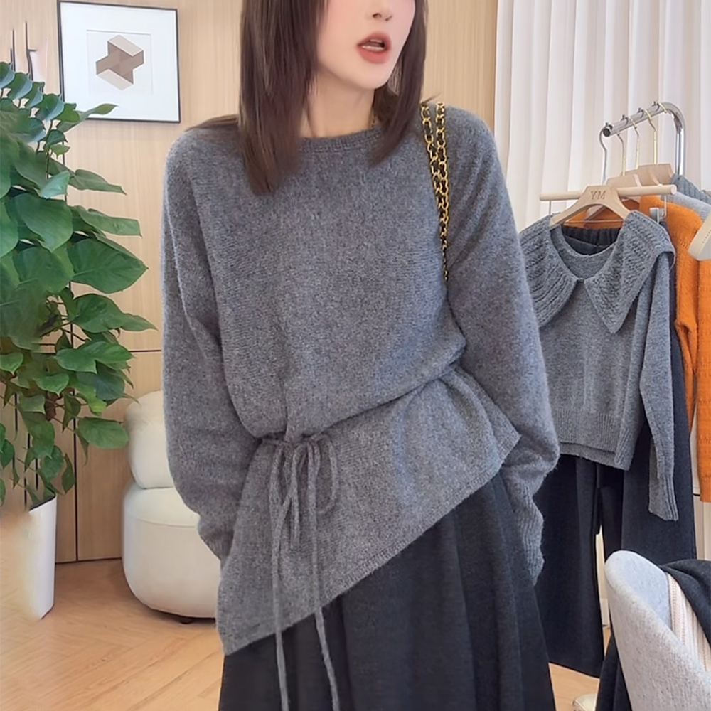 灰色系带收腰长袖针织衫女士秋冬新款慵懒风软糯毛衣减龄洋气上衣