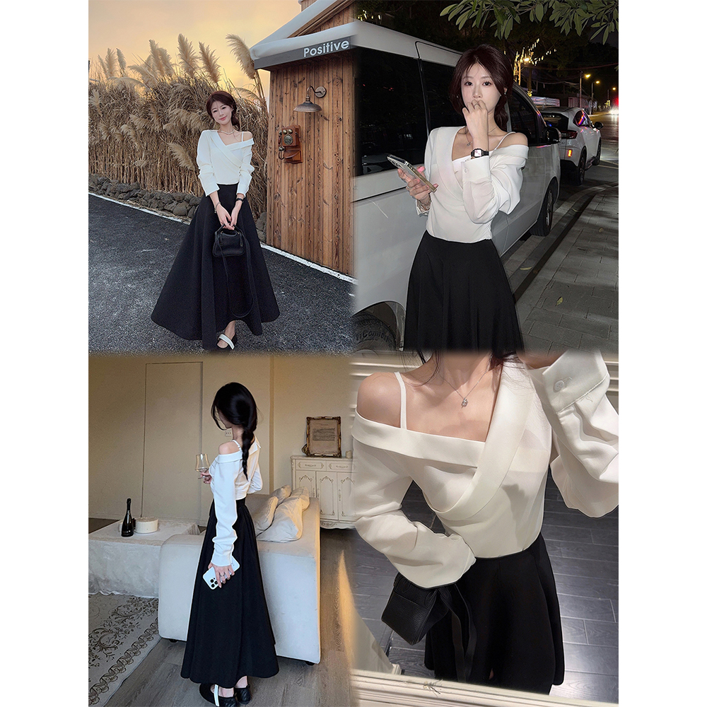 【许我耀眼】露思同款韩系气质修身露肩白衬衫黑色高腰半裙22896#