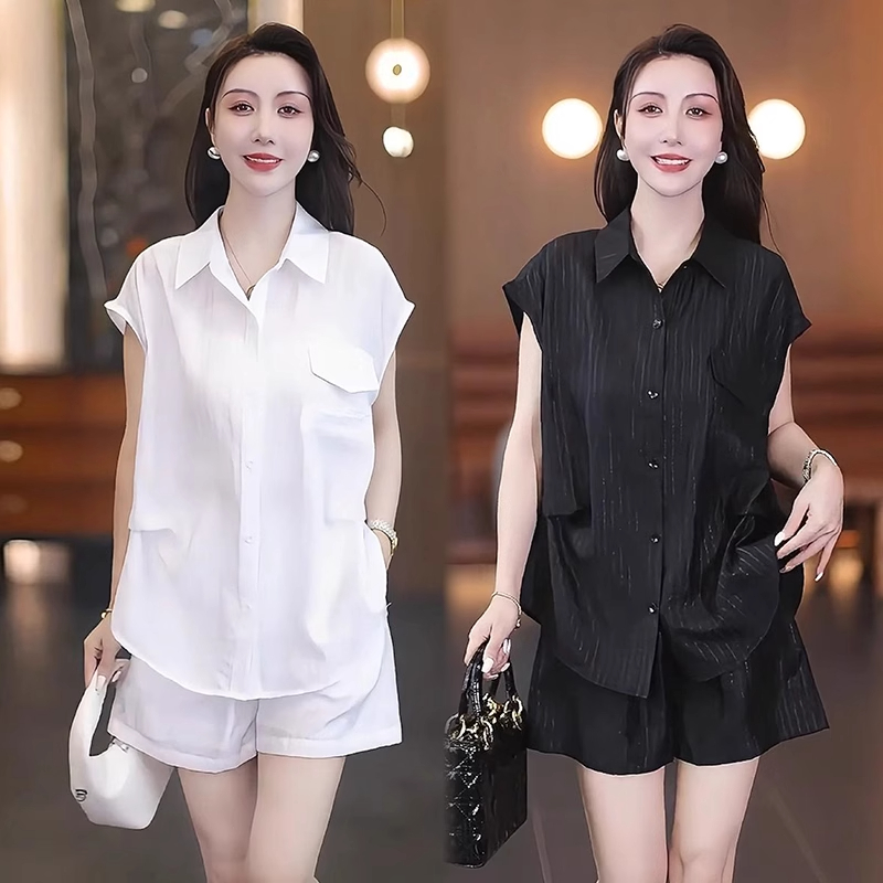 拉夏贝尔时尚套装女2025夏季新款洋气宽松短袖衬衫短裤气质两件套