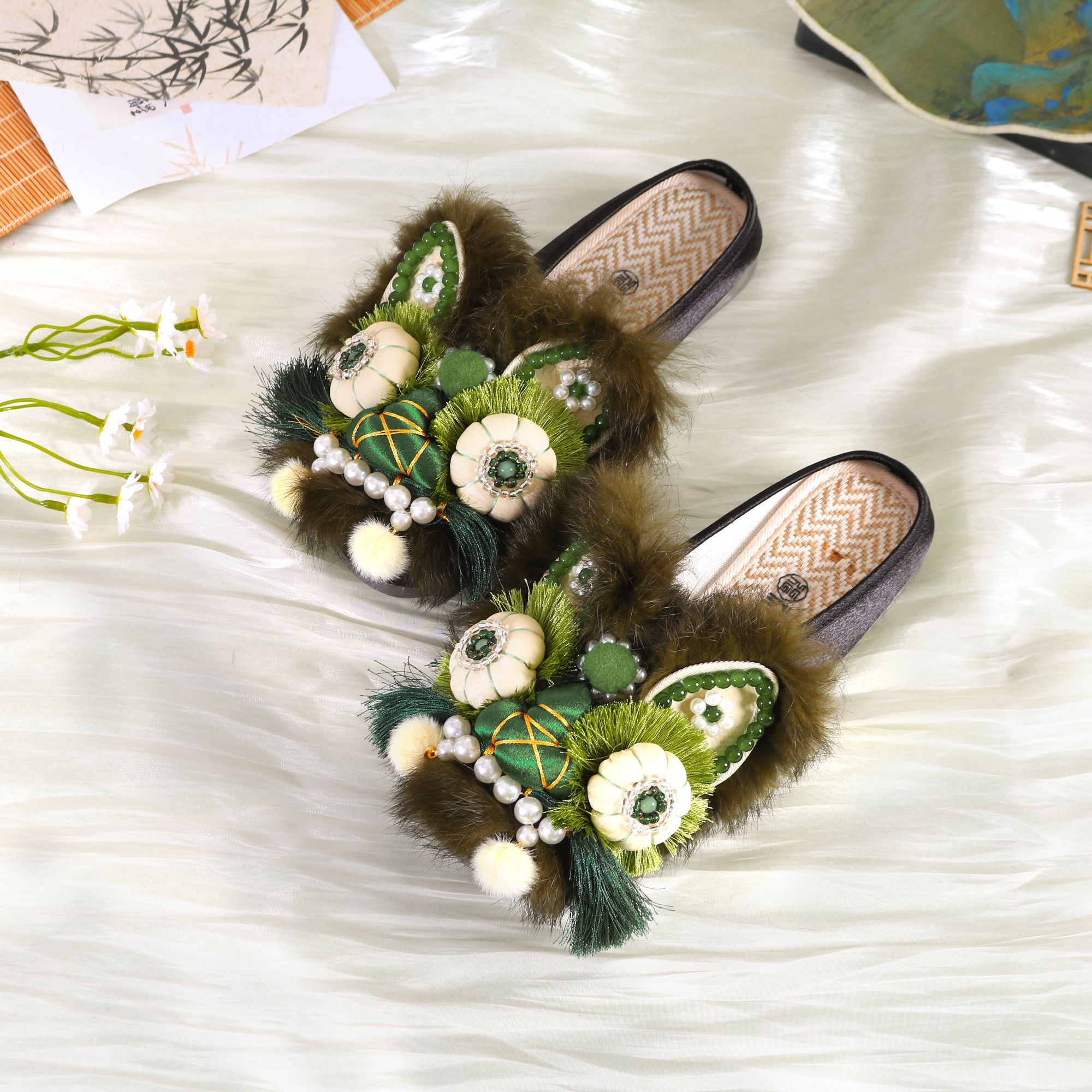 【真毛半拖】成人新中式百搭手工国潮鞋子绿色虎头鞋女成人