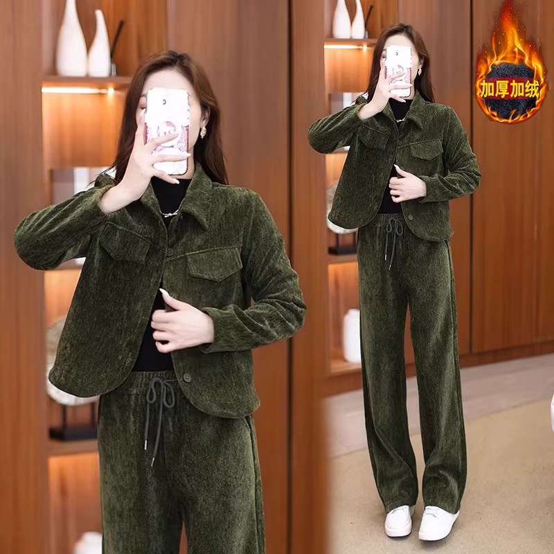时尚加绒加厚套装女2025冬季新款休闲洋气显瘦短外套阔腿两件套潮