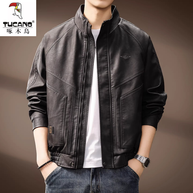 2025秋季新款水洗PU皮衣男士立领复古皮衣夹克宽松皮衣拉链款夹克