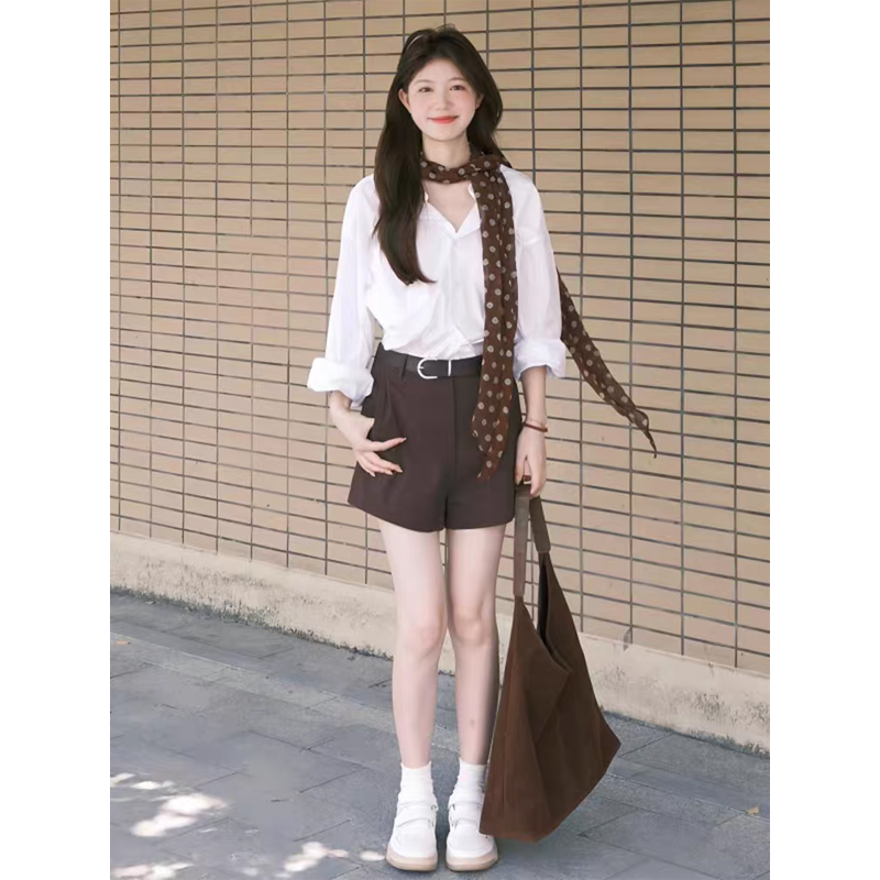 2025夏季新款法式气质修身翻领薄款衬衫上衣百搭高腰显瘦阔腿短裤
