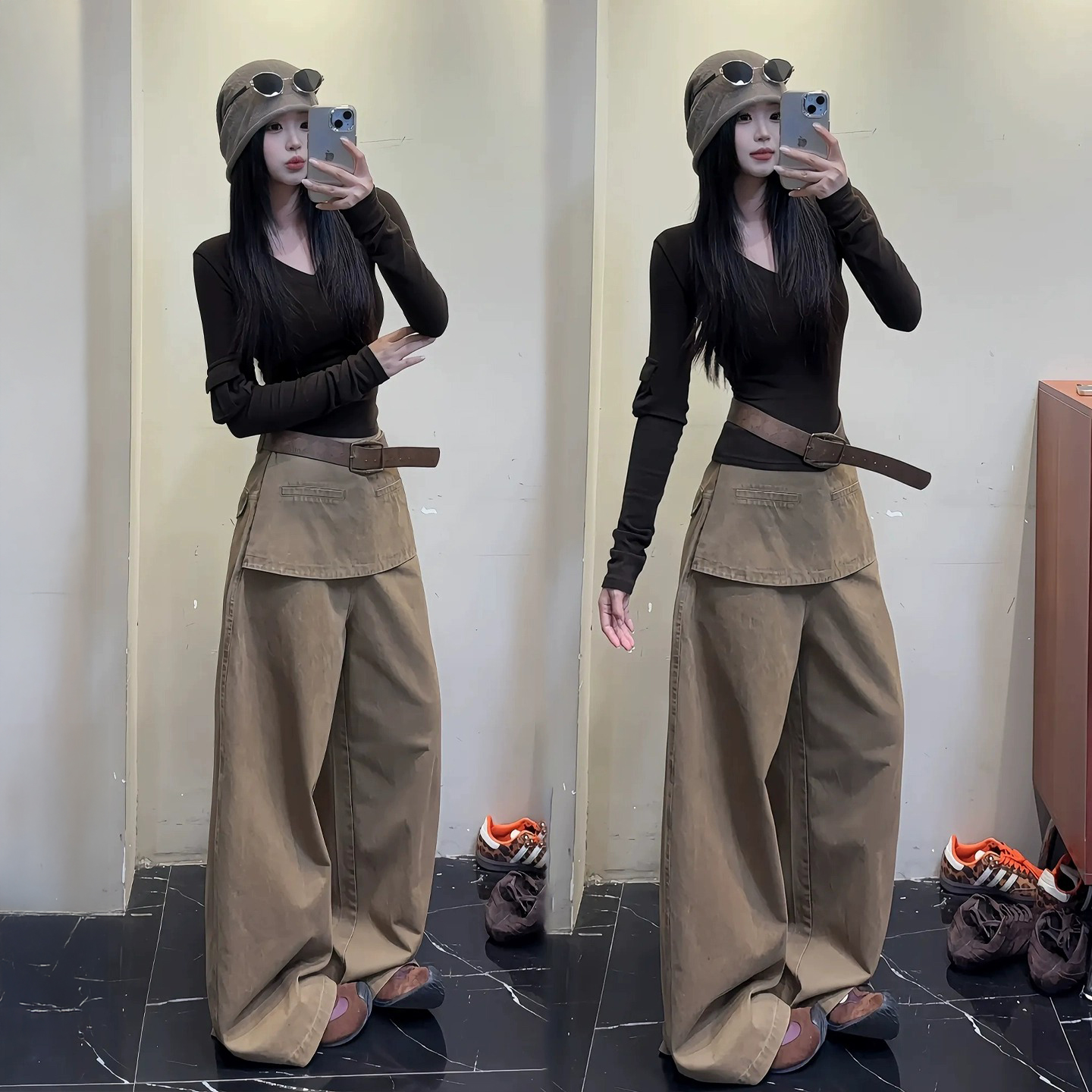 巨好看的早秋一整套美拉德咖色长袖打底上衣休闲阔腿裤巨好看套装